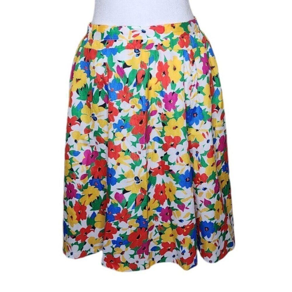 Vintage 80s ALine Flare Midi Floral Skirt Womens Size M Multicolor